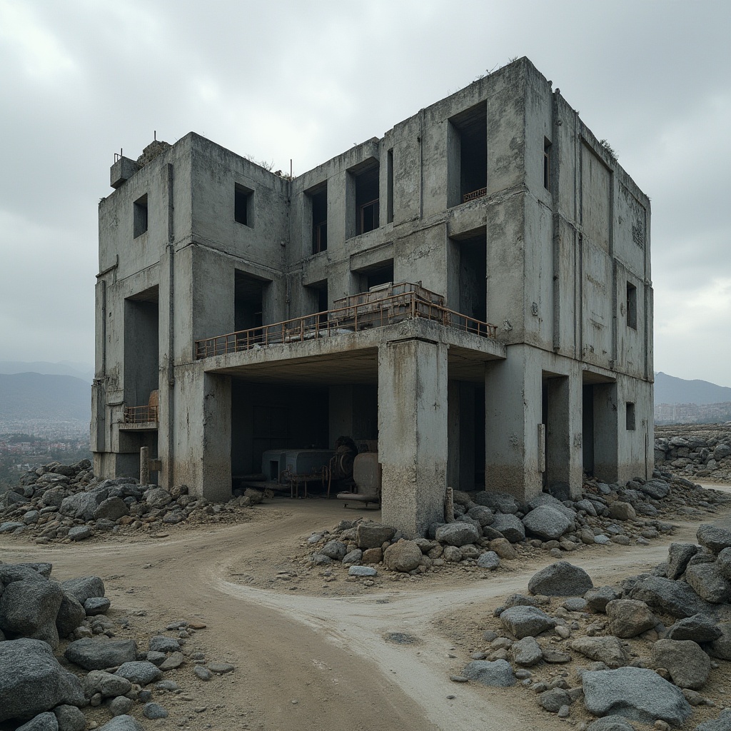 Prompt: Rugged brutalist building, exposed concrete walls, rough stone foundations, weathered steel beams, industrial metal pipes, distressed wooden accents, raw poured-in-place concrete floors, heavy-duty machinery equipment, urban cityscape backdrop, overcast skies, dramatic shadows, high-contrast lighting, bold geometric shapes, fortress-like structures, monumental scale, functional simplicity, brutal honesty, raw unfinished aesthetic, abstract sculptural forms.