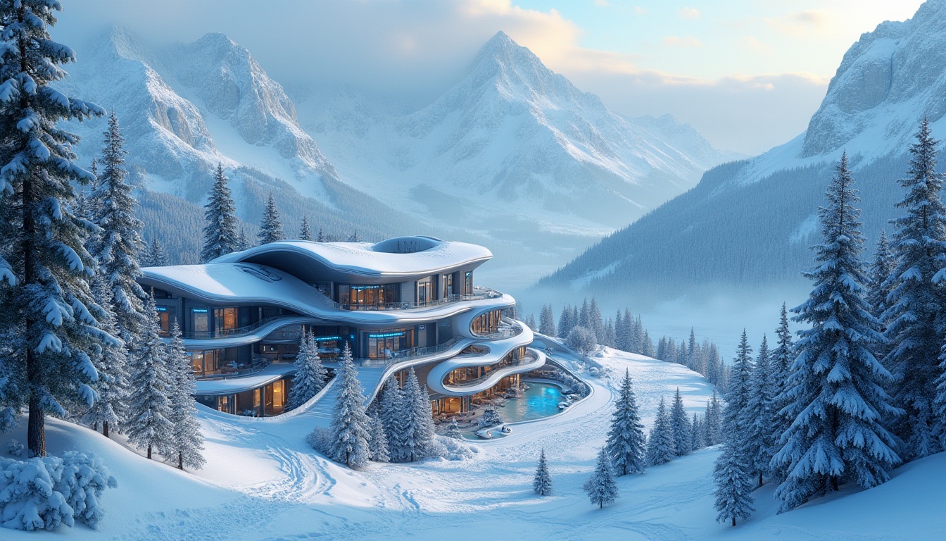 Prompt: Snow-capped mountains, frozen lakes, frosty pine trees, vibrant ski trails, modern expressionist architecture, undulating facade curves, bold angular lines, asymmetrical shapes, dynamic balconies, cantilevered roofs, metallic cladding, iridescent glass panels, neon-lit signage, LED light installations, icy blue accents, snowy textures, misty atmosphere, shallow depth of field, 1/2 composition, dramatic lighting effects, cinematic mood, abstract expressionist patterns.