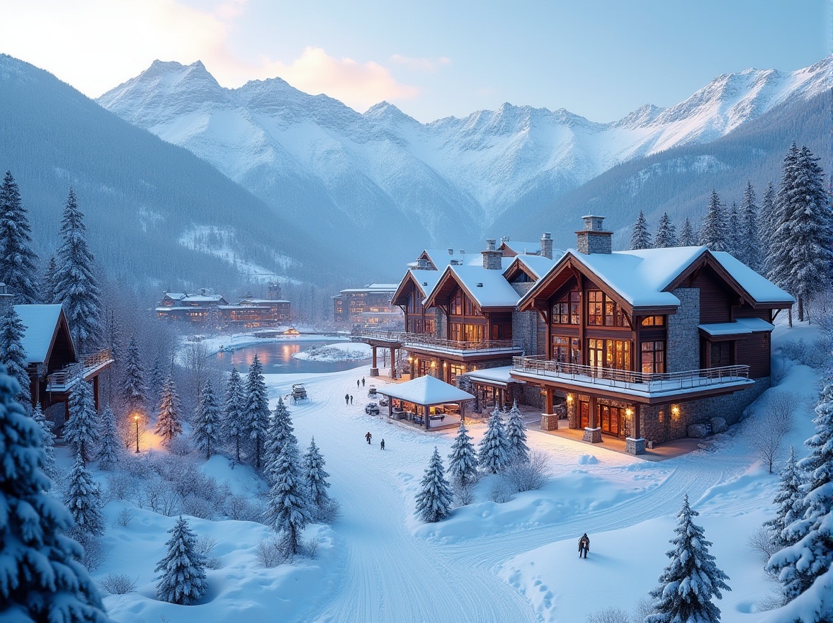 Prompt: Snow-capped mountains, frosty winter air, ski resort architecture, modern wooden buildings, sloping roofs, large windows, natural stone walls, rustic interior design, cozy fireplaces, warm lighting, snowy terrain, ski lifts, chairlifts, gondolas, ski trails, snowmaking machines, frozen lakes, icy rivers, snow-covered trees, winter sports equipment, vibrant colors, dynamic compositions, shallow depth of field, 3/4 composition, panoramic view, realistic textures, ambient occlusion.