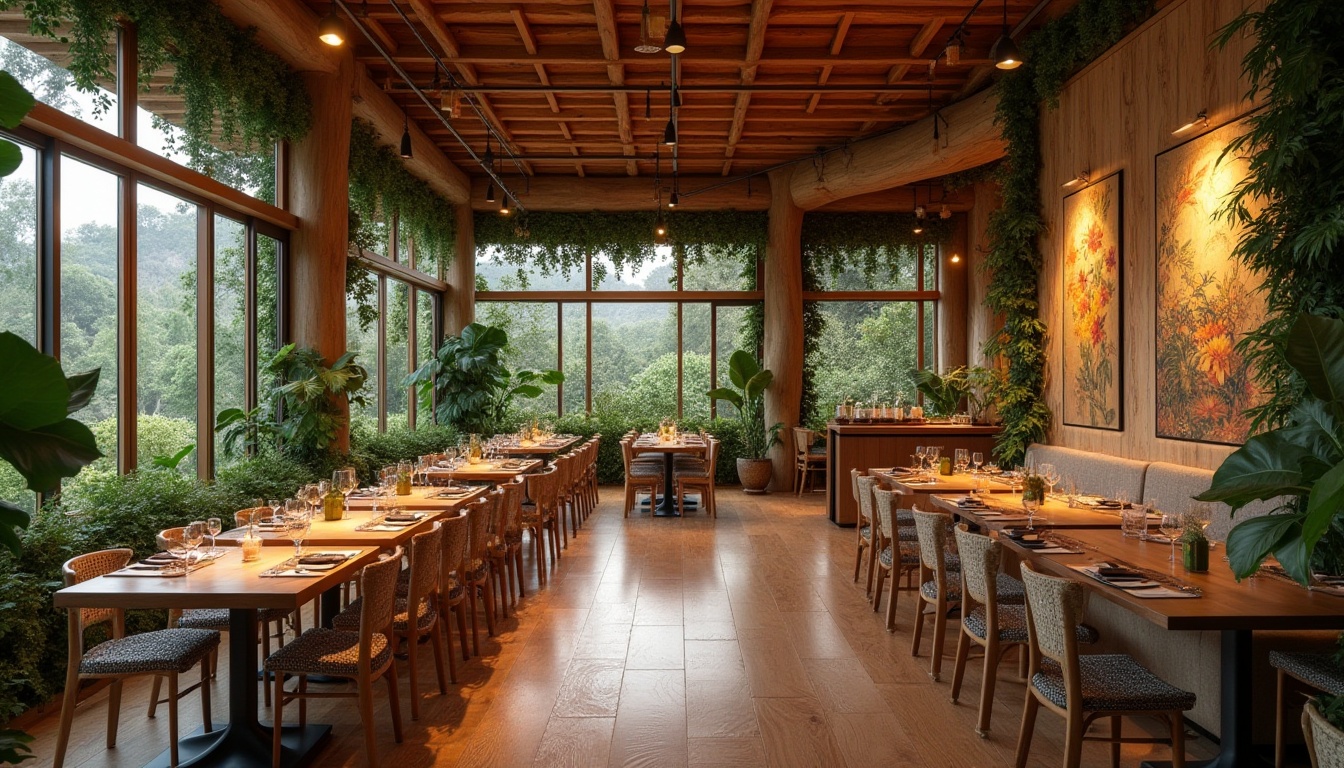 Prompt: Warm dining hall, natural materials, reclaimed wood accents, organic shapes, flowing curves, earthy tones, lush green walls, living plants, soft warm lighting, cozy atmosphere, communal seating, rustic wooden tables, woven textiles, wicker chairs, botanical prints, nature-inspired artwork, floor-to-ceiling windows, panoramic views, 1/2 composition, shallow depth of field, realistic textures.