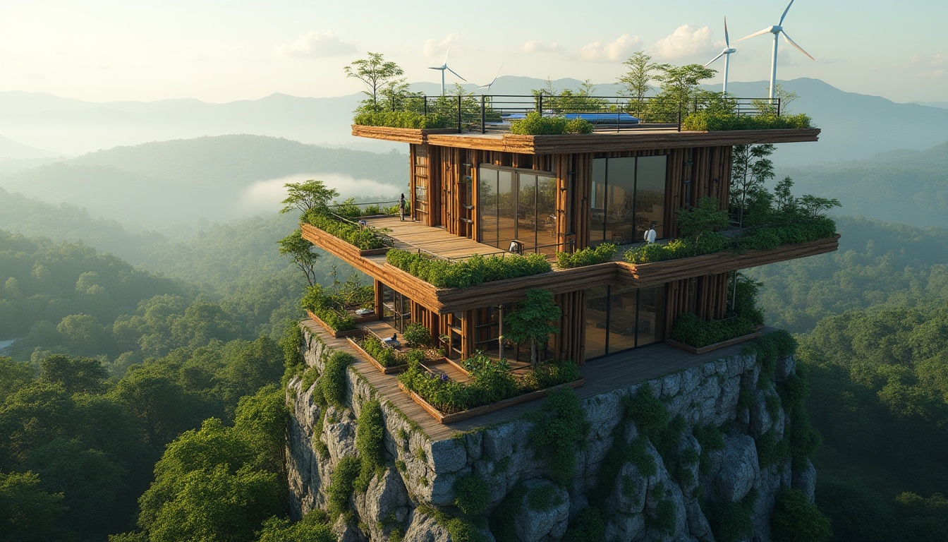 Prompt: Eco-friendly watchtower, wooden lattice structure, recycled metal accents, living green walls, solar panels, wind turbines, energy-efficient systems, minimalist design, natural stone foundation, earthy tones, organic textures, ambient lighting, shallow depth of field, 1/1 composition, panoramic view, realistic renderings, misty atmosphere, serene surroundings, lush forest, rolling hills, distant mountain range.