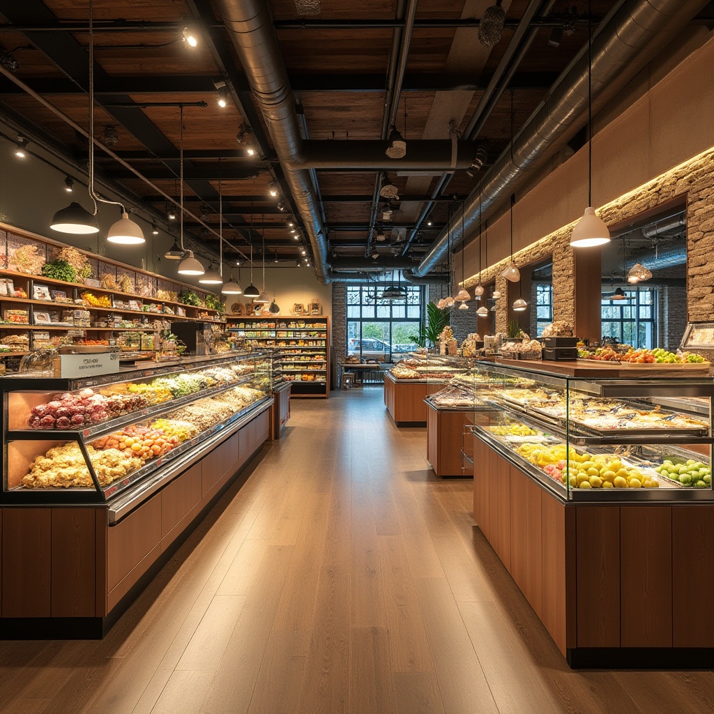 Prompt: Vibrant grocery store interior, modern shelving systems, polished chrome accents, wooden flooring, natural stone walls, fresh produce displays, artisanal bakery cases, gourmet food counters, industrial-style lighting fixtures, exposed ductwork, rustic wood beams, earthy color palette, soft warm ambiance, shallow depth of field, 1/2 composition, realistic textures, ambient occlusion.