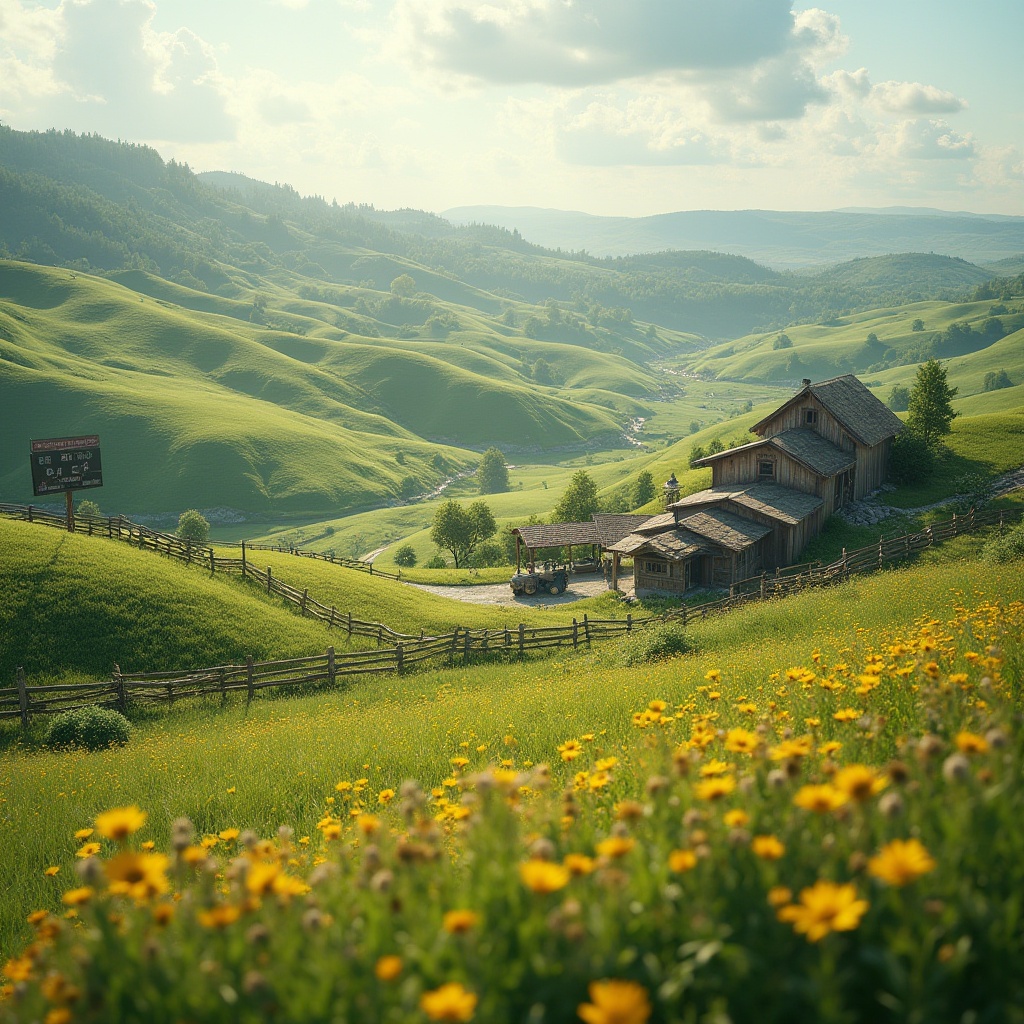 Prompt: Rolling hills, lush green grass, rustic wooden fences, vintage scoreboard, rural landscape views, open-air stadium seating, natural stone pathways, earthy tones, country-style architecture, agricultural-inspired decor, vintage farm equipment, wildflower fields, sunny afternoon, warm soft lighting, shallow depth of field, 1/1 composition, panoramic view, realistic textures, ambient occlusion.