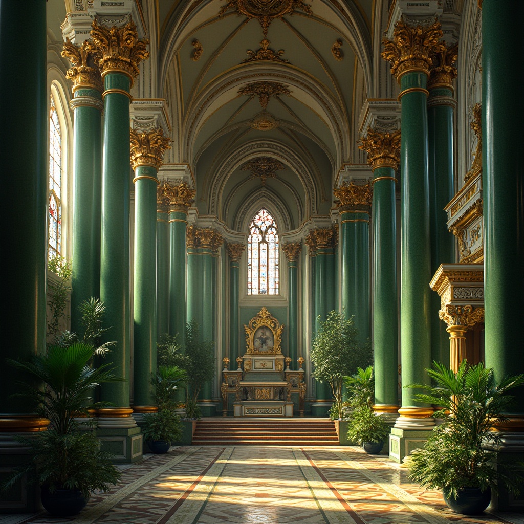 Prompt: Majestic Renaissance church, lush greenery, vibrant emerald columns, ornate golden accents, intricate stone carvings, stained glass windows, soft warm lighting, subtle shading, 1/2 composition, intimate atmosphere, rich textures, ambient occlusion.