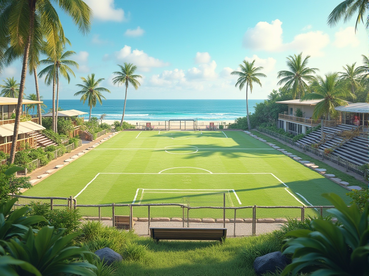 Prompt: Seaside coastal sports fields, lush green grass, ocean views, sandy shores, driftwood fences, nautical-themed goalposts, weathered wooden benches, salt-tolerant plants, undulating dunes, modern sports facilities, sleek steel bleachers, translucent canopies, ocean-breeze ventilation, natural stone pathways, seashell decorations, vibrant beach towels, tropical palm trees, warm sunny day, soft golden lighting, shallow depth of field, 1/2 composition, wide-angle lens, realistic textures, ambient occlusion.