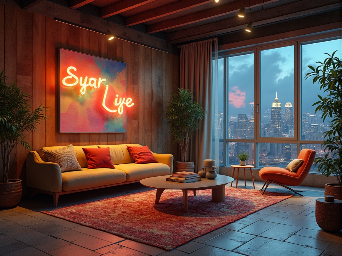 Prompt: Vibrant modern design studio, eclectic artistic space, bold contrasting colors, sleek metallic accents, rich wood textures, natural earthy tones, calming pastel hues, futuristic neon lights, urban cityscape backdrop, moody atmospheric lighting, shallow depth of field, 3/4 composition, panoramic view, realistic renderings, ambient occlusion.