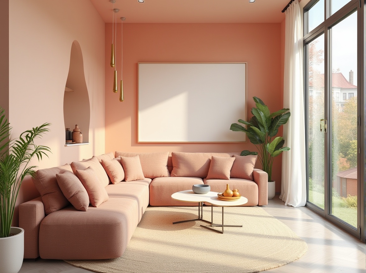 Prompt: Vibrant modern interior, trendy color scheme, pastel hues, soft peach tones, creamy whites, rich charcoal grays, bold accent walls, metallic gold fixtures, sleek minimalist furniture, natural textiles, oversized windows, abundant daylight, warm cozy atmosphere, inviting ambiance, 1/1 composition, shallow depth of field, soft focus, realistic rendering.