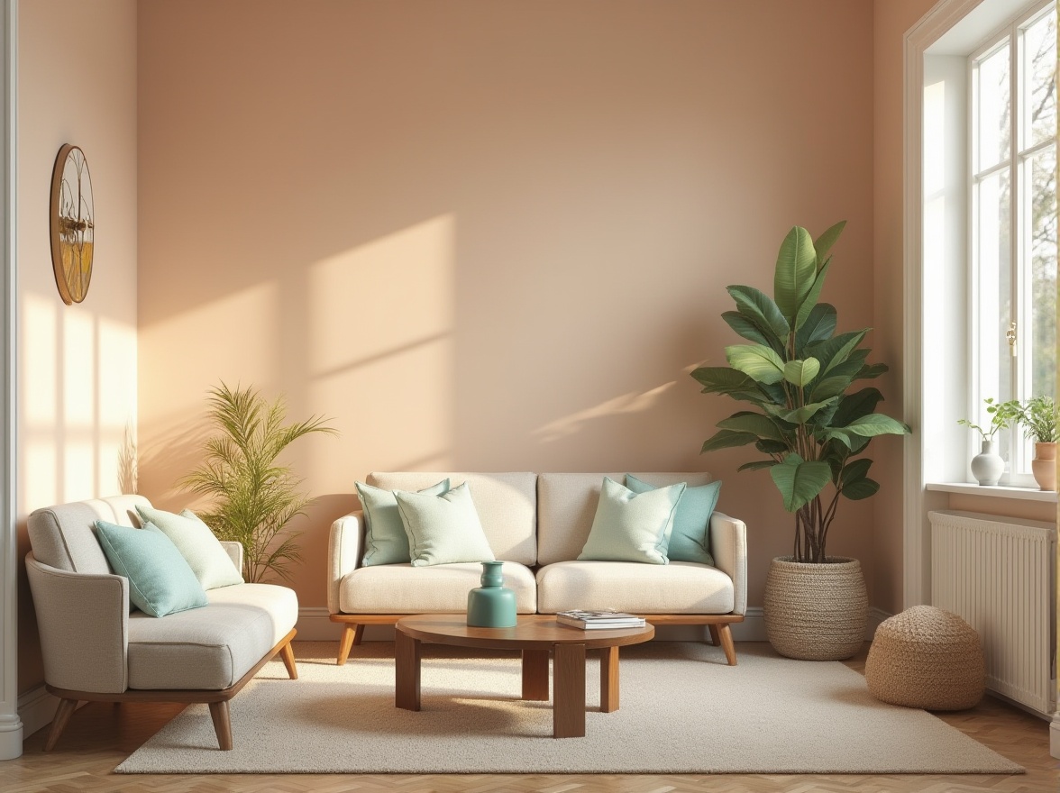 Prompt: Soft peach walls, creamy white trim, warm beige furniture, rich walnut wood accents, calming turquoise decorative accessories, natural linen upholstery, gentle mint greenery, subtle gold metallic details, warm softbox lighting, shallow depth of field, 2/3 composition, atmospheric perspective, realistic textures, ambient occlusion.