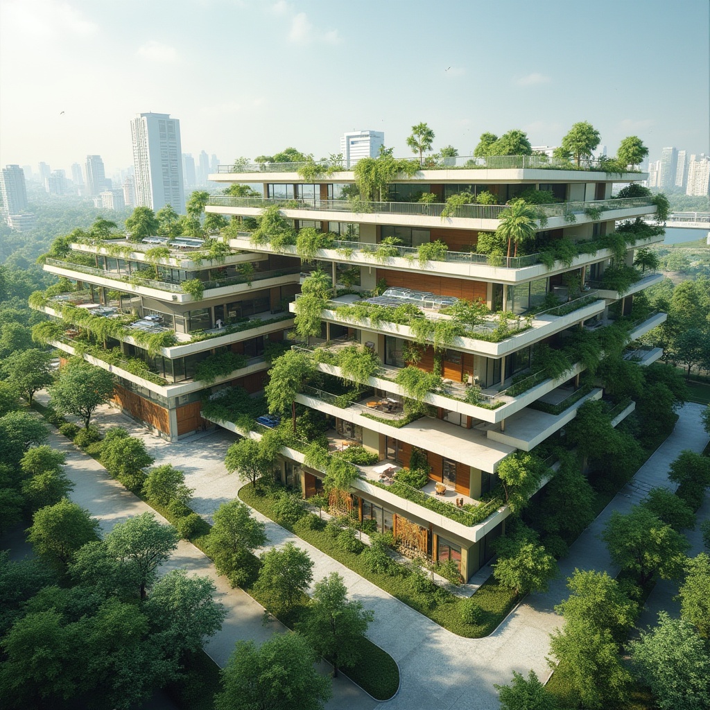 Prompt: Eco-friendly building, green roofs, solar panels, wind turbines, water conservation systems, recycled materials, minimalist design, natural ventilation, abundant daylight, energy-efficient appliances, rainwater harvesting, grey water reuse, composting toilets, organic gardens, living walls, vertical farming, urban agriculture, biodiversity preservation, zero-waste policy, circular economy principles, renewable energy sources, sustainable transportation options, electric vehicle charging stations, bio-based materials, low-carbon footprint, climate-resilient design, resilient structures, adaptive reuse, deconstruction strategies, material recycling facilities, community engagement programs, educational signage, interactive exhibits.