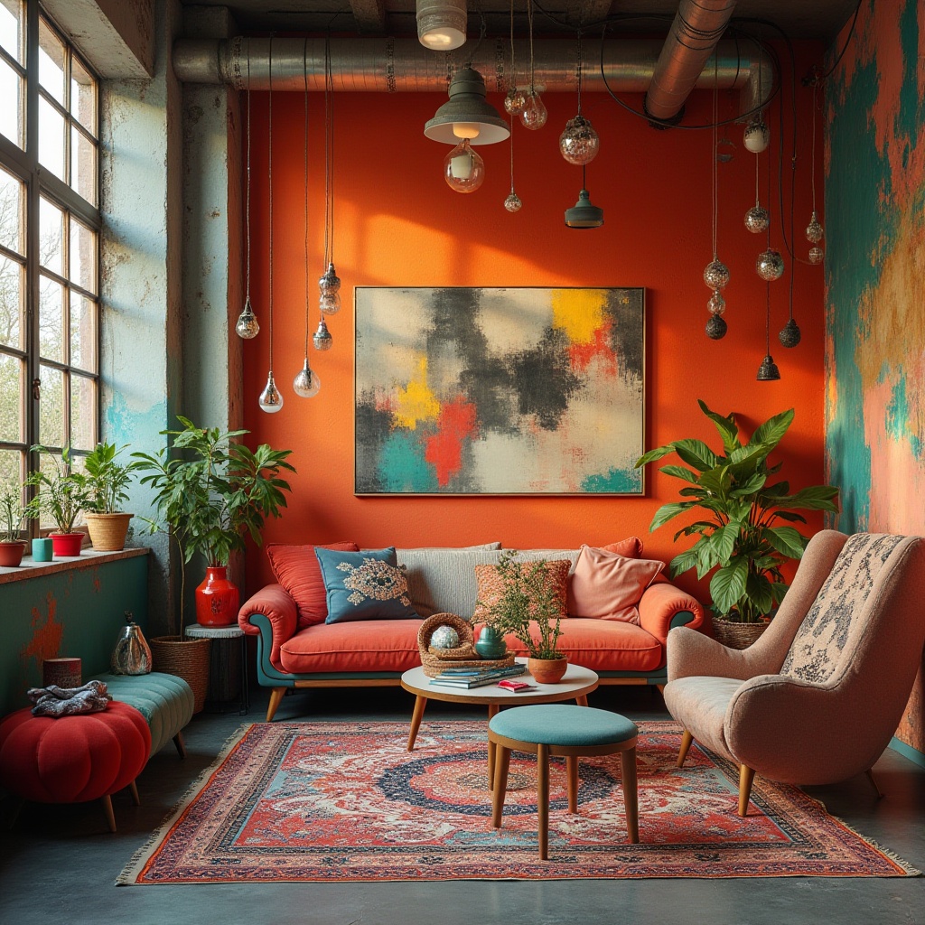 Prompt: Vibrant artistic studio, eclectic furniture pieces, bold colorful accents, pastel-hued walls, contrasting textures, metallic decorative elements, geometric patterned rugs, abstract artwork, modern industrial lighting, edgy avant-garde atmosphere, warm golden hour lighting, shallow depth of field, 1/2 composition, cinematic color grading, high-contrast imagery.