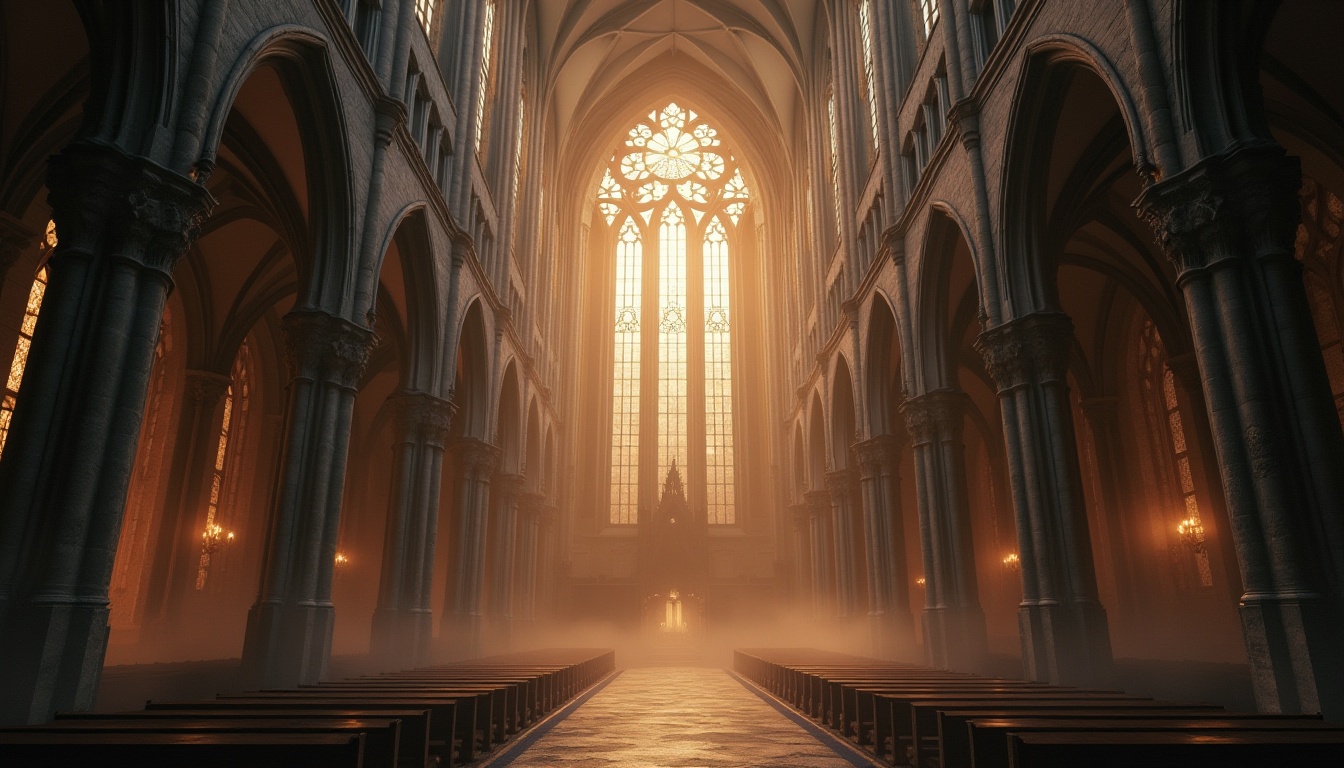 Prompt: Ethereal cathedral, soaring vertical lines, ribbed vaults, pointed arches, intricate stone carvings, stained glass windows, grandiose entranceways, ornate sculptures, mystical ambiance, dramatic chiaroscuro, warm golden lighting, atmospheric fog, misty morning, 1/1 composition, symmetrical framing, high contrast ratio, rich textures, ambient occlusion.