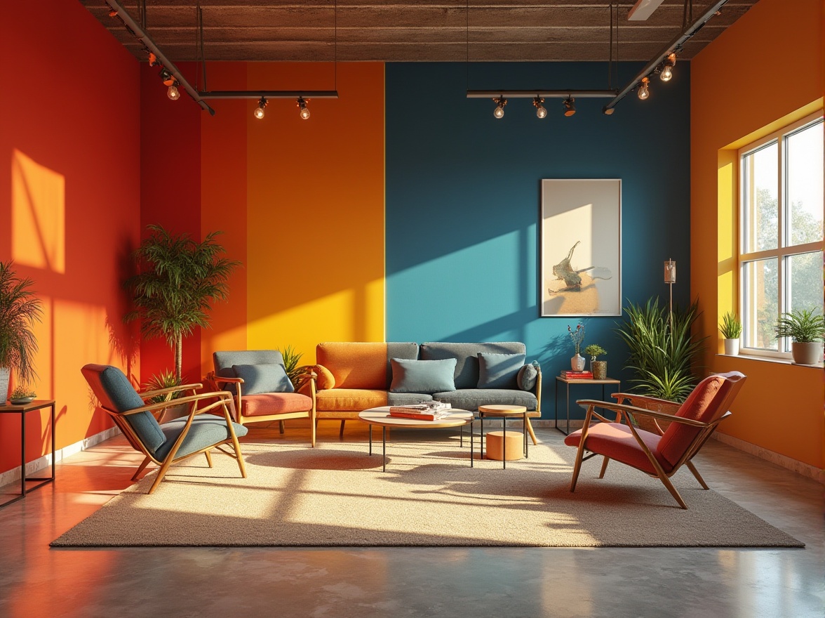 Prompt: Vibrant design studio, modern interior space, bold color scheme, contrasting hues, bright accent walls, sleek furniture pieces, metallic decor accents, natural light pouring in, soft shadows, 1/1 composition, warm atmospheric lighting, realistic textures, ambient occlusion.