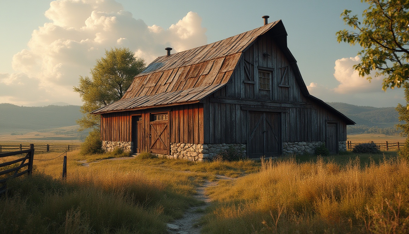 Prompt: Rustic barn, weathered wooden boards, earthy brown tones, muted greenery, vintage metal accents, distressed textures, natural stone foundation, rolling hills, serene countryside, warm golden light, soft focus, shallow depth of field, 1/2 composition, realistic wood grain, ambient occlusion.