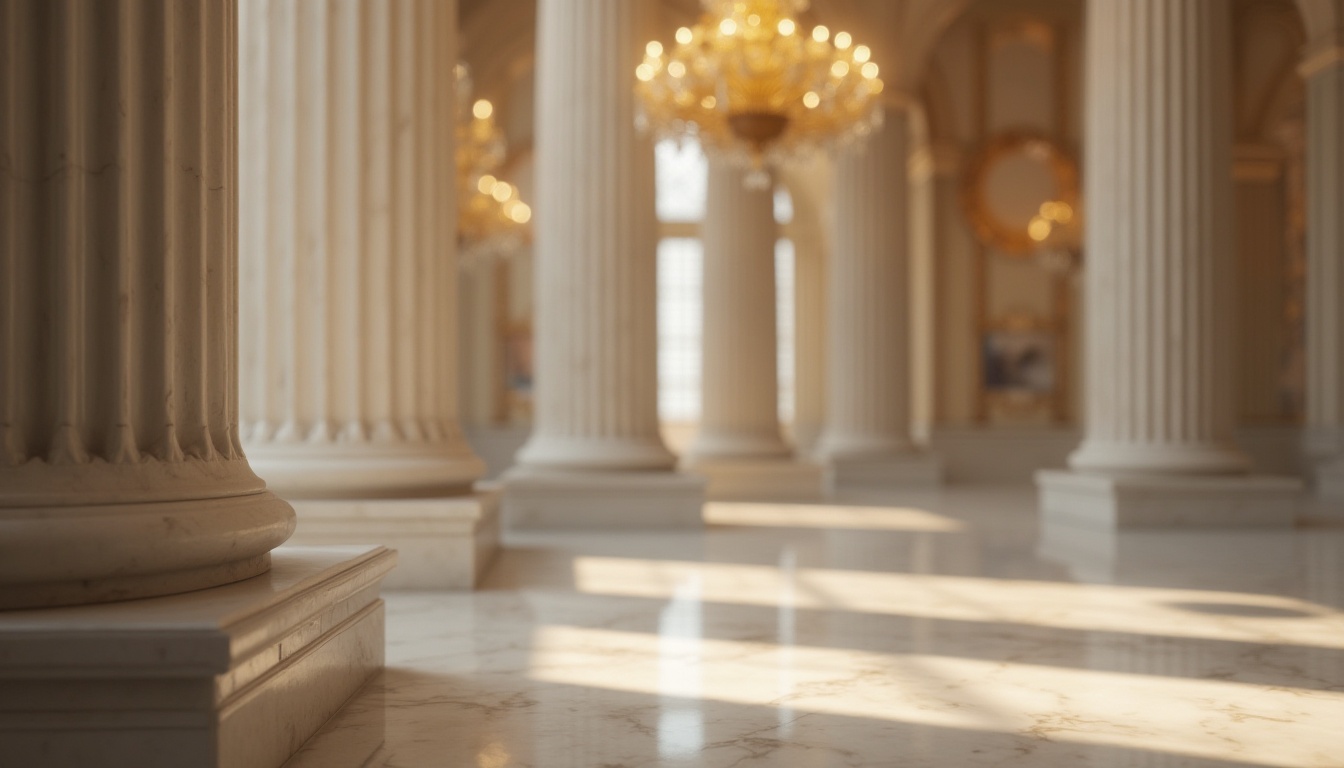 Prompt: Elegant column, ornate capital, intricate carvings, Corinthian style, white marble material, polished surface, subtle shadows, warm golden lighting, 1/1 composition, shallow depth of field, realistic textures, ambient occlusion, Renaissance-inspired motifs, classical architecture elements, grand interior spaces, majestic halls, luxurious chandeliers, ornate frescoes, vaulted ceilings.