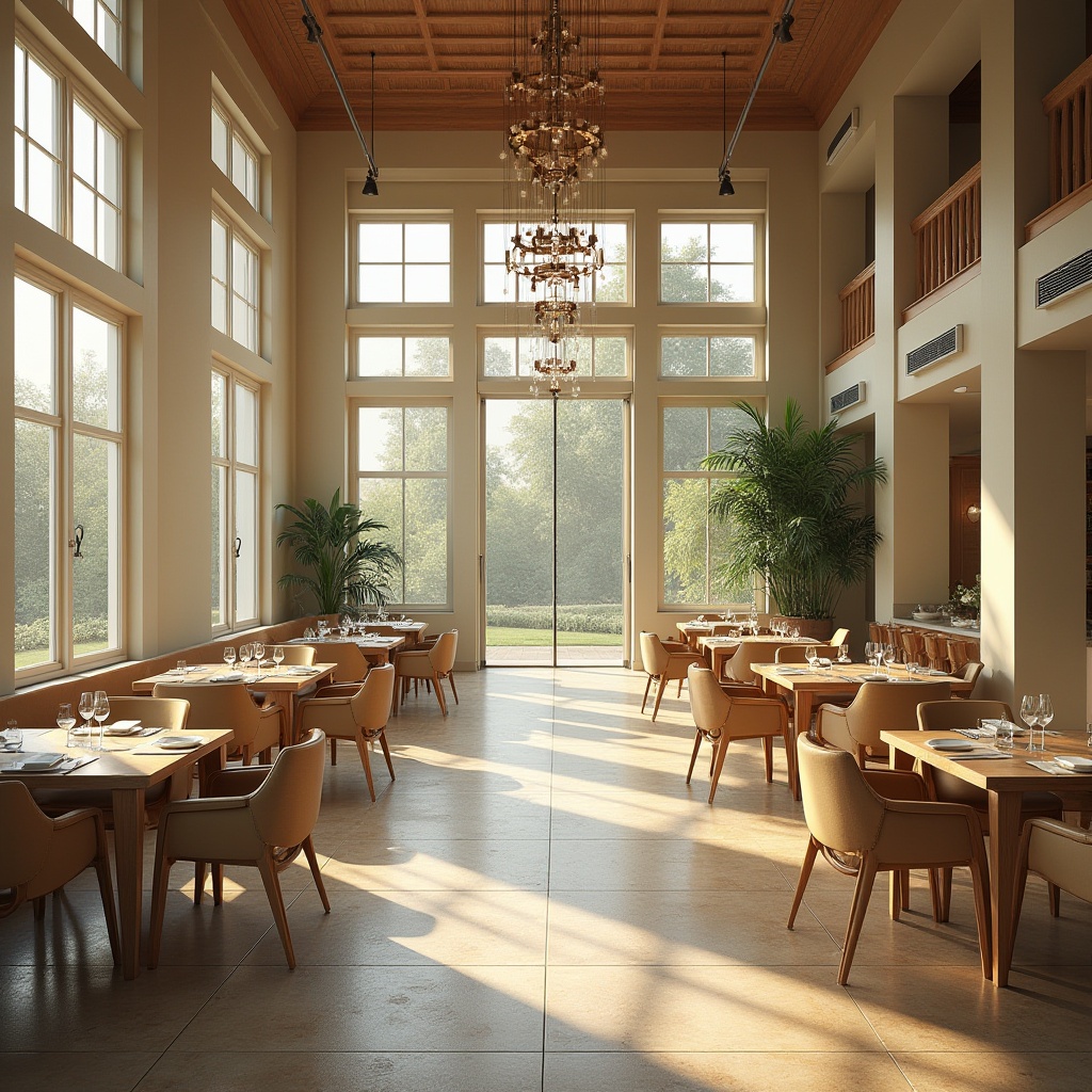 Prompt: Spacious dining hall, high ceilings, large windows, sliding glass doors, natural stone floors, wooden tables, comfortable chairs, pendant lighting fixtures, soft warm lighting, shallow depth of field, 3/4 composition, panoramic view, realistic textures, ambient occlusion, morning sunlight, bright afternoon light, gentle shadows, subtle reflections, minimalist decor, elegant chandeliers, cream-colored walls, earthy tone furniture, lush greenery, potted plants, airy atmosphere.