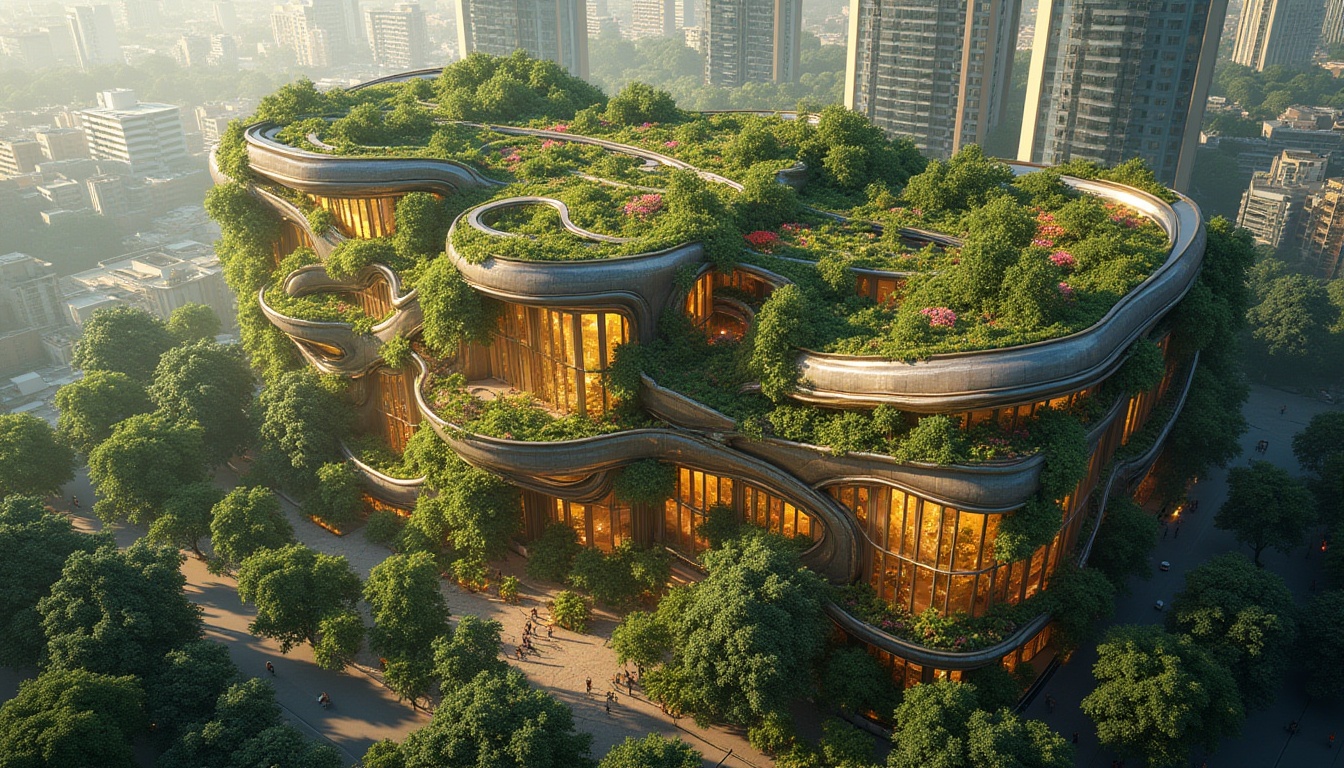 Prompt: Oversized windows, green walls, living facades, lush vegetation, organic shapes, curvaceous lines, futuristic materials, parametric design, algorithmic patterns, bioluminescent accents, iridescent colors, shimmering effects, double skin facades, natural ventilation systems, solar panels integration, rainwater harvesting systems, urban agriculture integration, bustling cityscape background, warm golden lighting, shallow depth of field, 1/2 composition, realistic textures, ambient occlusion.