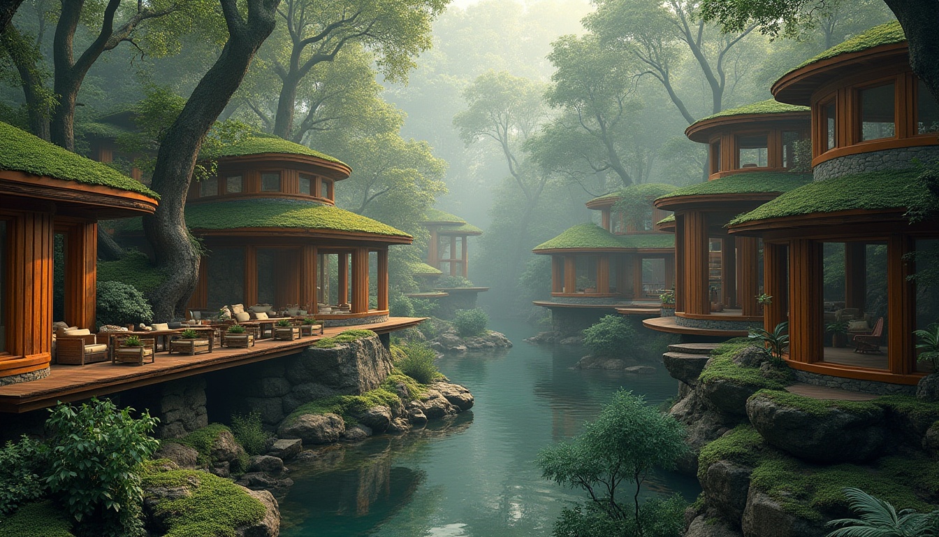 Prompt: Harmonious forest surroundings, towering trees, rustic wooden accents, earthy tones, natural stone walls, curved lines, organic shapes, cantilevered structures, green roofs, lush foliage, water features, serene ambiance, soft diffused lighting, misty atmosphere, 1/2 composition, shallow depth of field, realistic textures, ambient occlusion.