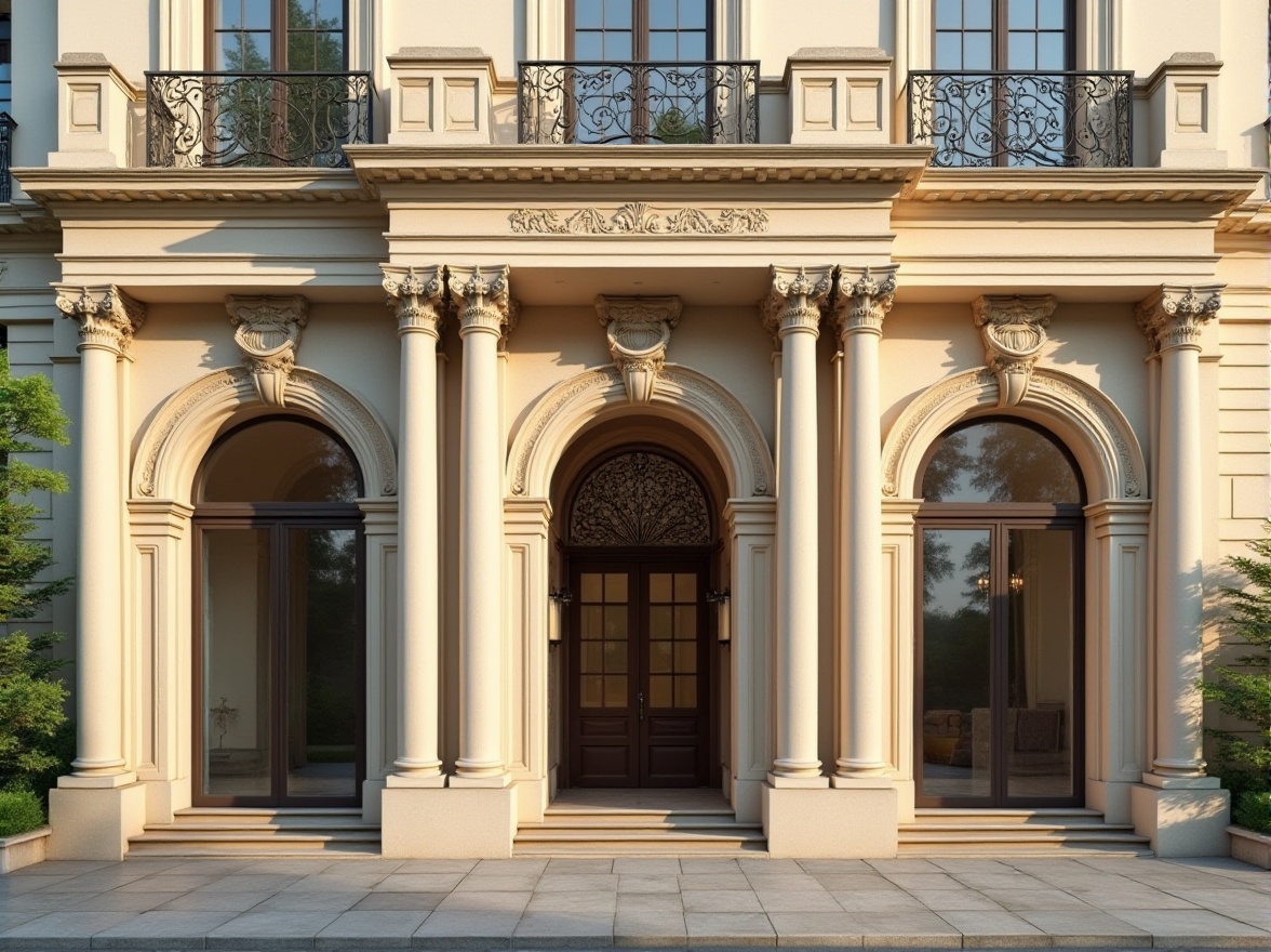 Prompt: Elegant residential facade, grand entrance columns, ornate capitals, symmetrical composition, harmonious proportions, cream-colored stone walls, rusticated base, arched windows, decorative pilasters, classical pediments, intricately carved doorways, warm beige stucco, subtle cornice details, serene afternoon light, soft shadows, 1/2 composition, slightly overexposed highlights, realistic material textures, ambient occlusion.