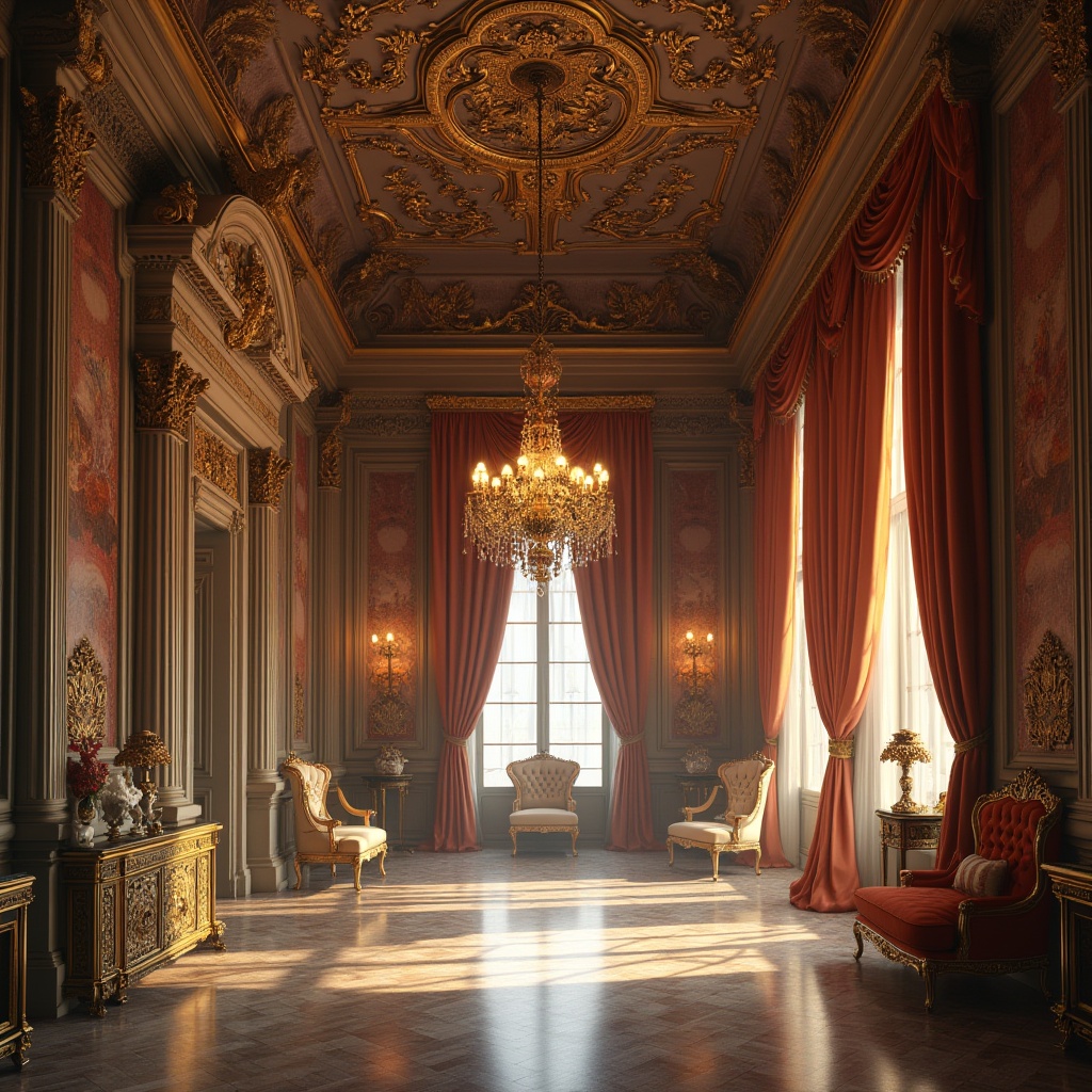 Prompt: Ornate Baroque palace, intricately carved stone facades, gilded decorations, velvet drapes, rich tapestries, ornamental plasterwork, polished marble floors, golden chandeliers, lavish furnishings, dramatic lighting effects, soft focus, warm color palette, high contrast ratio, 1/2 composition, realistic material textures, detailed normal maps.