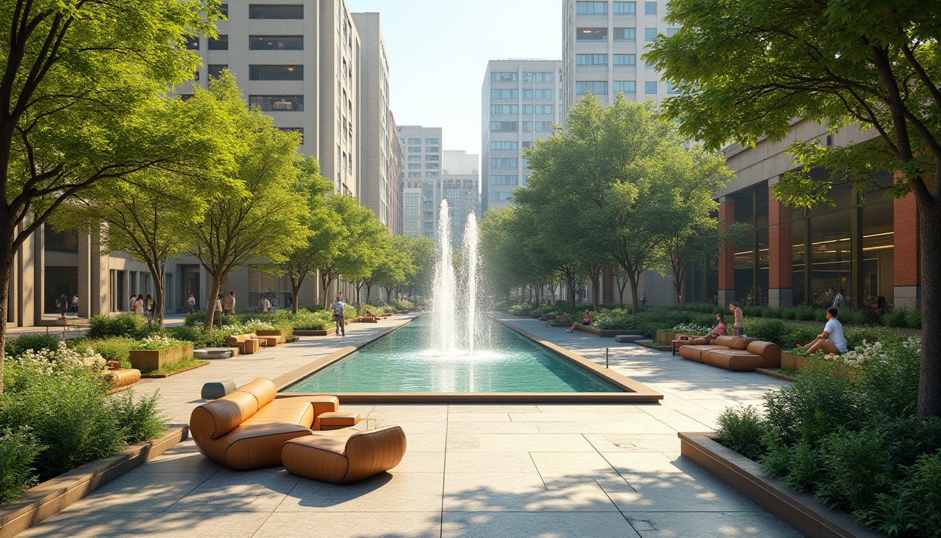 Prompt: Vibrant city plaza, lush greenery, modern street furniture, dynamic water features, public art installations, pedestrian-friendly walkways, urban landscaping, eclectic mix of trees, sunny day, soft warm lighting, shallow depth of field, 3/4 composition, panoramic view, realistic textures, ambient occlusion.