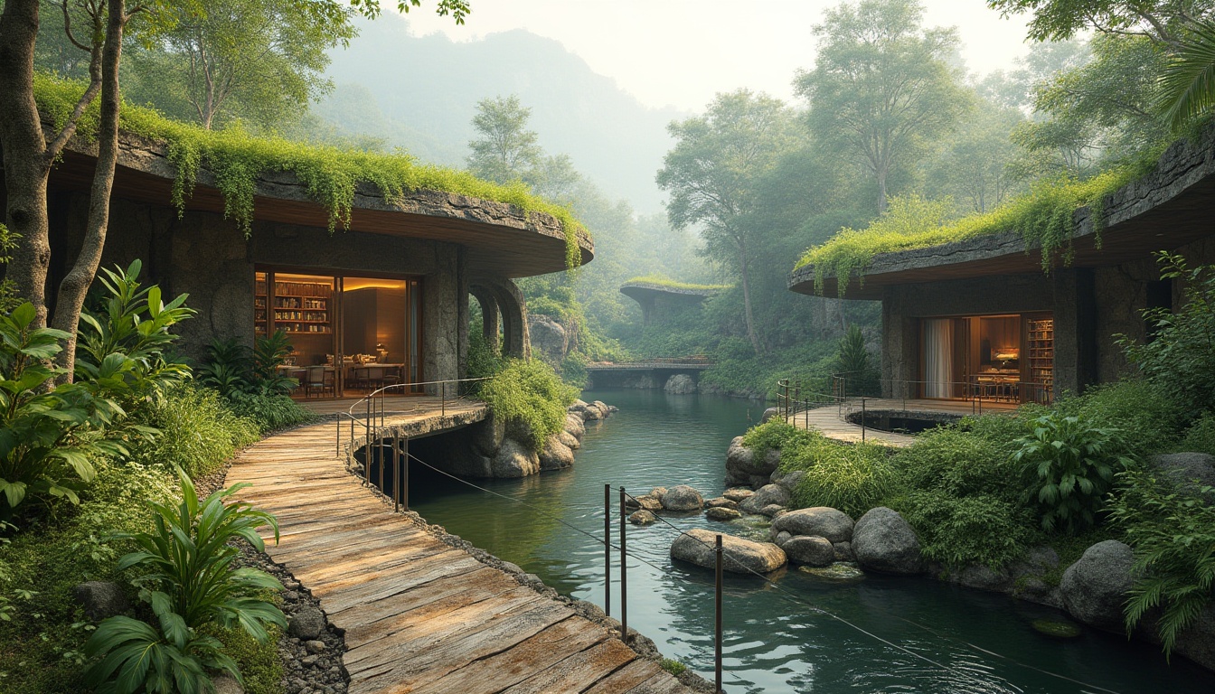 Prompt: Seamless natural integration, curved green roofs, lush vegetation, wooden accents, stone walls, organic shapes, earthy tones, abundant daylight, soft diffused lighting, misty atmosphere, serene ambiance, tranquil water features, meandering pathways, native plant species, rustic wooden bridges, weathered metal details, reclaimed wood textures, eco-friendly materials, sustainable design principles, minimal environmental impact, harmonious coexistence.