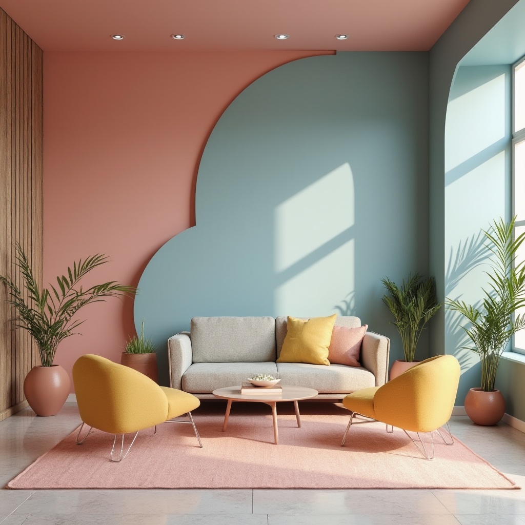 Prompt: Vibrant artistic studio, abstract geometric shapes, bold color blocking, rich textures, modern minimalist furniture, sleek metal accents, matte finish, pastel hues, earthy tones, deep blues, warm neutrals, soft pink undertones, natural light, diffused shadows, 3/4 composition, atmospheric perspective, subtle gradient effects, realistic renderings.