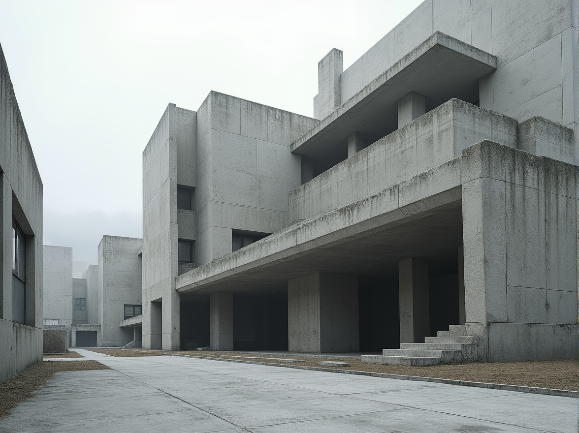 Prompt: Raw concrete walls, rugged stone facades, brutalist fortress-like structures, dramatic cantilevered roofs, angular lines, minimalist ornamentation, industrial materials, weathered steel beams, poured concrete floors, cold monochromatic color palette, harsh shadows, strong geometric forms, imposing monumental scale, urban cityscape backdrop, overcast skies, diffused natural light, 1/1 composition, high contrast ratio, gritty realistic textures.