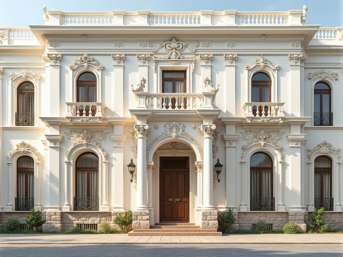 Prompt: Elegant neoclassical facade, ornate columns, intricately carved details, grand entranceways, symmetrical composition, creamy white stucco, rustic stone foundations, decorative cornices, ornamental balconies, Juliette balconies, arched windows, shuttered windows, classical moldings, refined proportions, subtle color palette, natural lighting, soft shadows, 1/1 composition, realistic textures, ambient occlusion.