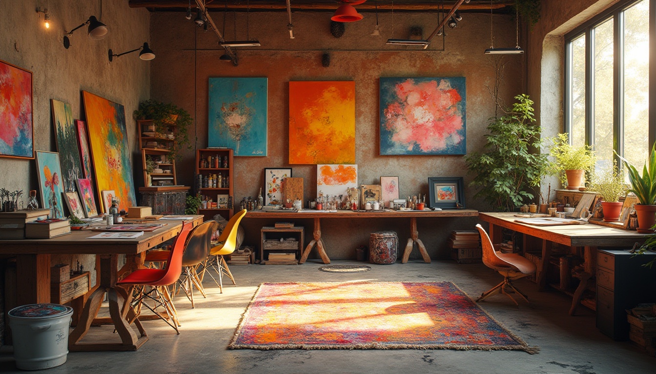 Prompt: Vibrant artistic studio, eclectic color scheme, bold brushstrokes, textured canvases, abstract expressionism, warm golden lighting, rich wood accents, industrial metal tables, ergonomic designer chairs, inspirational quotes, modern art pieces, colorful rugs, natural stone flooring, minimalist shelving units, soft ambient glow, shallow depth of field, 1/1 composition, realistic textures, subtle color grading.