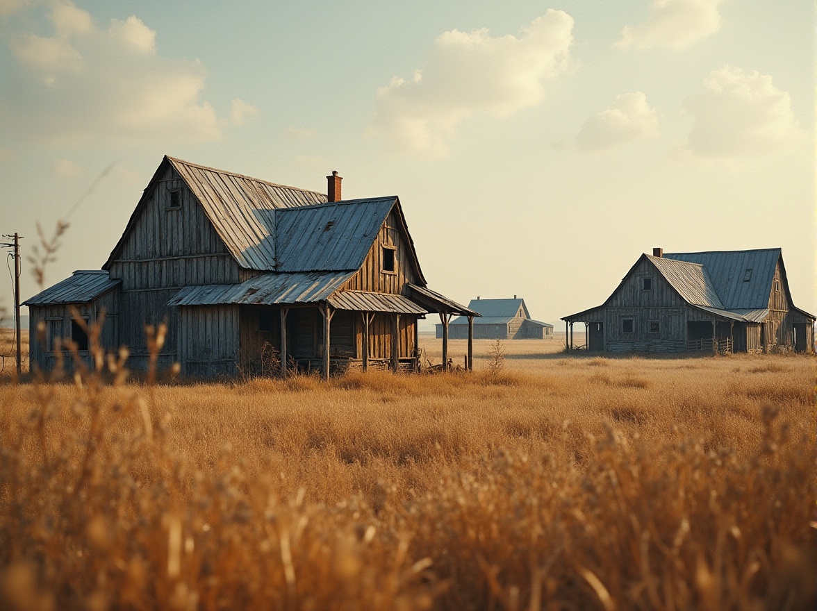 Prompt: Rustic countryside, rural landscape, vintage barns, distressed wood textures, corrugated metal roofs, asymmetrical silhouettes, dynamic angular lines, bold geometric shapes, abstract expressionist forms, earthy color palette, warm natural lighting, soft focus, shallow depth of field, 1/2 composition, intimate close-up shots, realistic weathering effects, atmospheric mist.