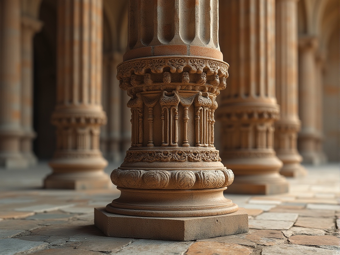 Prompt: Ornate column, intricately carved capital, ornamental volutes, majestic Renaissance architecture, grandiose cathedral-inspired design, weathered stone surface, rustic textured base, elegant curved lines, symmetrical composition, soft warm lighting, shallow depth of field, 1/1 ratio, panoramic view, realistic textures, ambient occlusion.