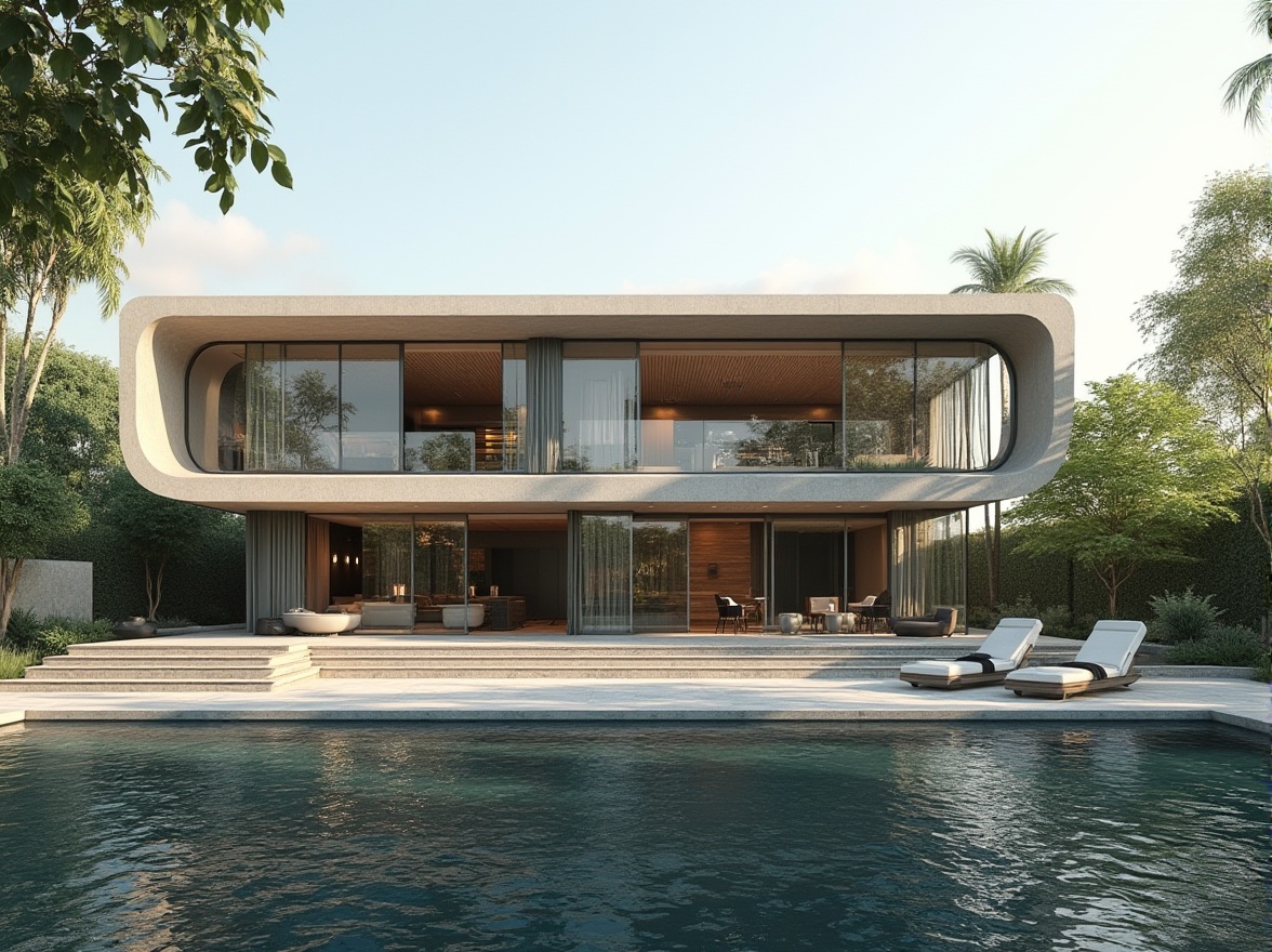 Prompt: Sleek villa, curved lines, minimalist facade, large glass windows, sliding doors, metallic frames, cantilevered rooflines, modernist architecture, streamlined shapes, aerodynamic forms, reflective surfaces, monochromatic color scheme, subtle texture variations, natural stone cladding, lush greenery, serene water features, sunny day, soft warm lighting, shallow depth of field, 3/4 composition, panoramic view, realistic textures, ambient occlusion.