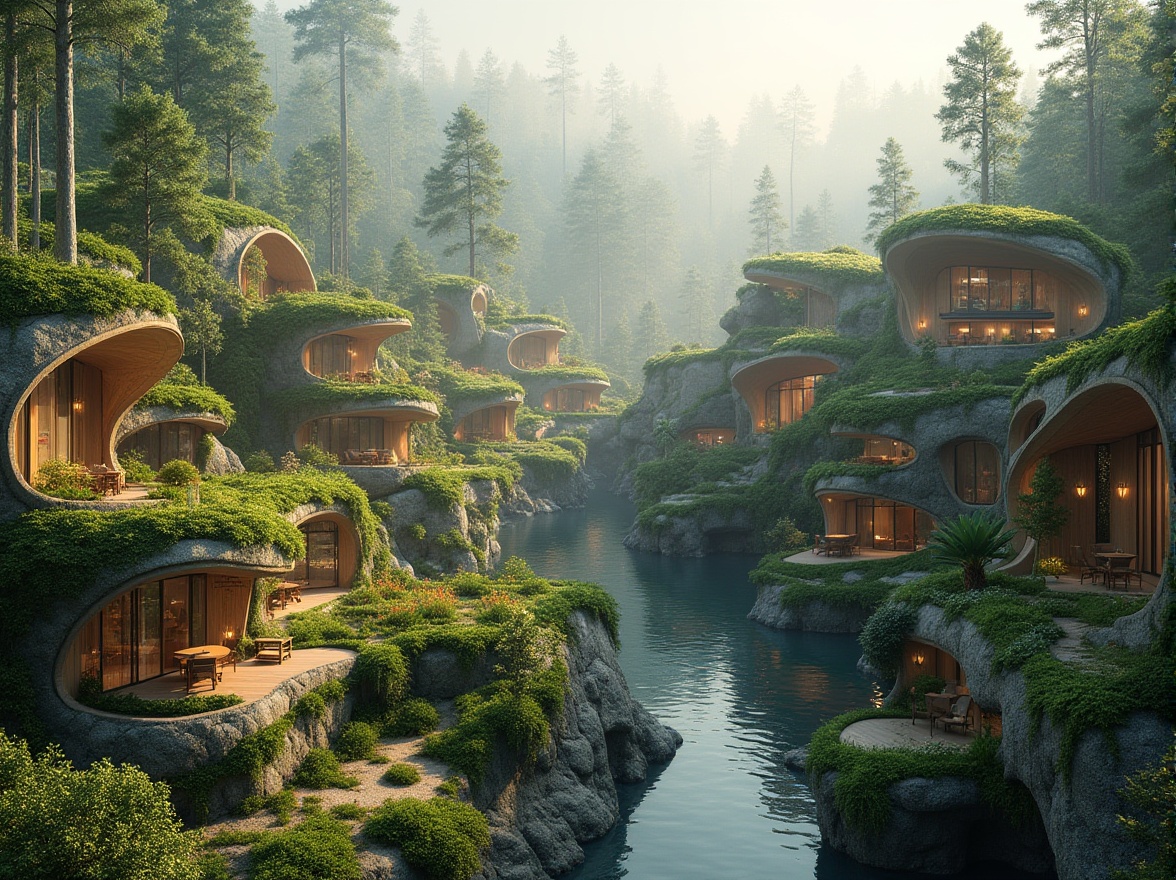 Prompt: Eco-friendly buildings, lush green roofs, living walls, natural stone facades, curved lines, organic shapes, seamless transitions, harmonious blending, serene forest surroundings, tall trees, misty atmosphere, soft warm lighting, shallow depth of field, 1/1 composition, panoramic view, realistic textures, ambient occlusion, rustic wooden accents, earthy color palette, tranquil water features, meandering pathways, native plant species, vibrant wildflowers.