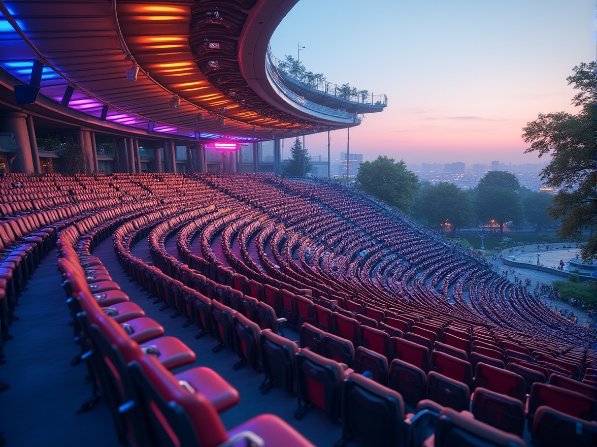 Prompt: Tiered seating, curved rows, futuristic amphitheater design, sleek metal frames, ergonomic chairs, vibrant color schemes, interactive lighting systems, immersive audio experiences, elevated platforms, gradual slope, panoramic views, open-air performances, warm summer evenings, soft twilight ambiance, 1/1 composition, shallow depth of field, realistic textures, ambient occlusion.