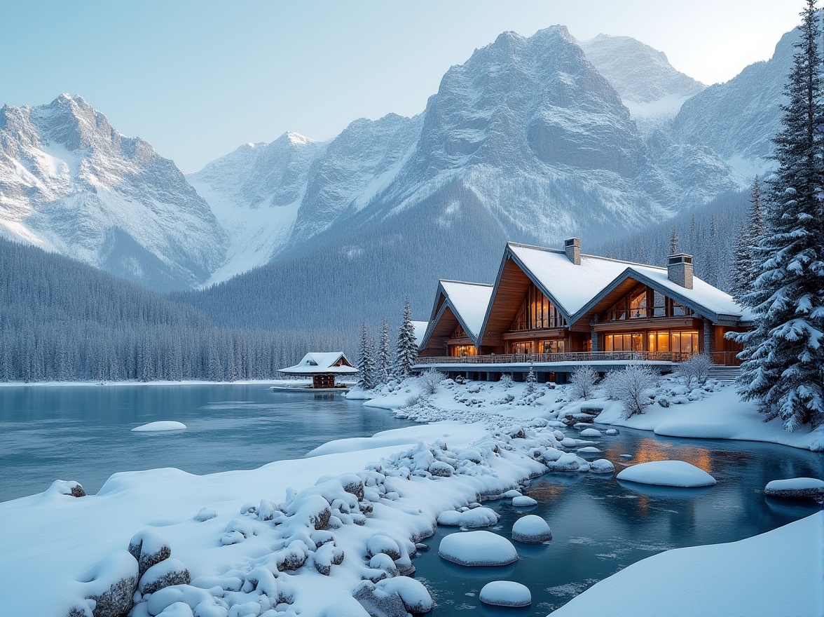 Prompt: Snow-capped mountains, frozen lakes, rustic wooden chalets, sleek modern ski lifts, powdery snow textures, icy blue skies, warm cozy fireplaces, natural stone walls, reclaimed wood accents, earthy color palettes, minimalist decor, functional simplicity, panoramic views, dramatic cantilevered roofs, angular lines, metal cladding, snow-load resistant structures, energy-efficient systems, solar panels, wind turbines, green roofs, eco-friendly materials, innovative insulation technologies, atmospheric misting systems, warm soft lighting, shallow depth of field, 3/4 composition.