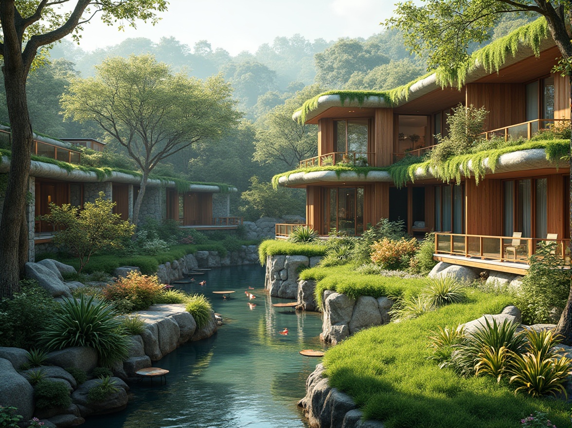 Prompt: Lush green roofs, curved lines, natural stone walls, wooden accents, organic forms, serene water features, koi ponds, walking trails, mature trees, vibrant flowers, modern architecture, large windows, sliding glass doors, cantilevered structures, elevated views, shallow depth of field, 3/4 composition, panoramic view, realistic textures, ambient occlusion, harmonious coexistence.