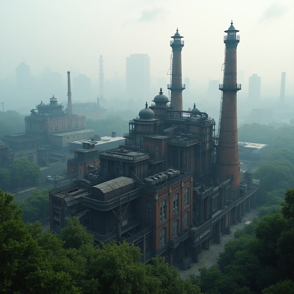 Prompt: Industrial power plant, metallic structures, steam pipes, generator units, modern turbines, urban landscape, city skyline, foggy morning, soft misty lighting, shallow depth of field, 3/4 composition, ornate Victorian-era details, intricate ironwork, decorative brick patterns, vibrant greenery, lush trees, natural stone walls, water features, ambient occlusion.