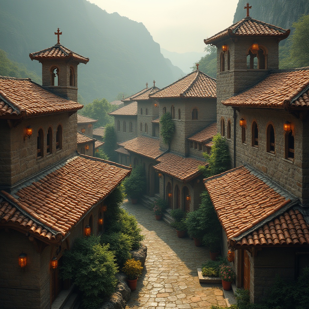 Prompt: Curved monastery rooftops, terracotta tiles, ornate stone carvings, rustic wooden beams, natural earthy tones, serene mountainous surroundings, lush greenery, misty morning atmosphere, warm golden lighting, shallow depth of field, 1/2 composition, realistic textures, ambient occlusion, intricate stonework patterns, weathered copper accents, rustic metal lanterns, peaceful cloistered courtyards.