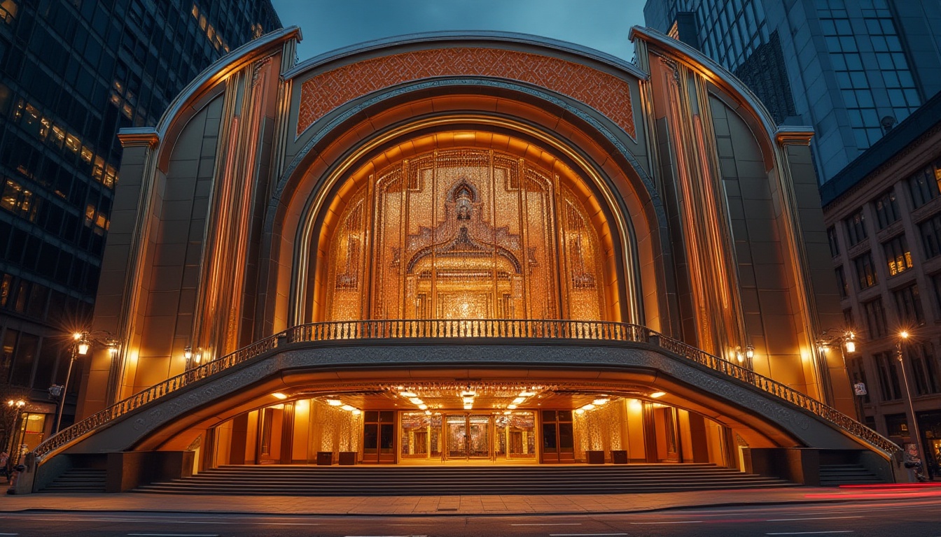 Prompt: Sleek opera house facade, curved lines, metallic materials, polished chrome accents, geometric patterns, grand entrance, sweeping staircases, ornate balconies, luxurious box seats, velvet curtains, rich wood tones, soft golden lighting, shallow depth of field, 1/1 composition, low-angle shot, dramatic shadows, intricate moldings, Art Deco inspirations, symmetrical architecture, majestic scale, urban cityscape, vibrant nighttime illumination, bustling street activity.