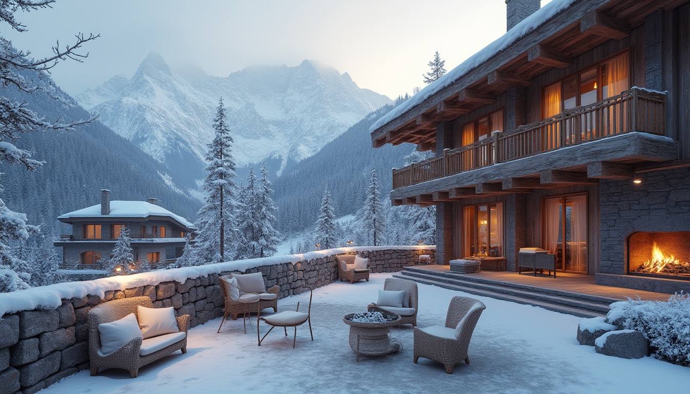 Prompt: Snow-capped mountains, wooden ski chalets, rustic stone walls, frosty windows, icy roofs, snowflake patterns, warm timber interiors, cozy fireplaces, soft cushioned seating, natural textiles, woven wool blankets, earthy color palette, dramatic cantilevered roofs, angular modern architecture, steel beams, minimalist decor, functional simplicity, ambient lighting, misty morning atmosphere, shallow depth of field, 2/3 composition, realistic wood grain textures, subtle snowfall animation.