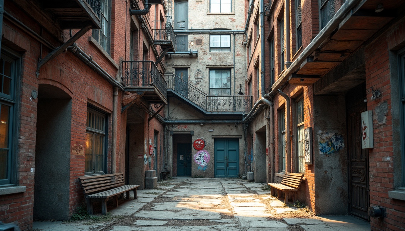 Prompt: Rustic brick buildings, distressed concrete walls, metallic facades, urban alleys, graffiti murals, ornate iron railings, vintage street lamps, weathered wooden benches, exposed ductwork, industrial pipes, edgy modern architecture, asymmetrical compositions, dramatic shadows, high-contrast lighting, gritty urban textures, realistic wear and tear, 1-point perspective, cinematic framing.