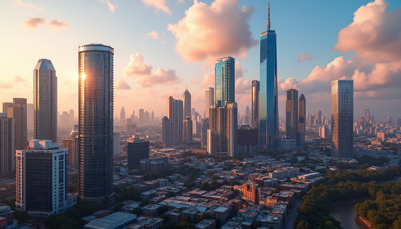 Prompt: Vibrant cityscape, modern skyscrapers, bold color schemes, contrasting hues, harmonious palettes, neutral backgrounds, accent walls, metallic finishes, glass facades, urban landscapes, bustling streets, dynamic lighting, warm golden hour, shallow depth of field, 1/2 composition, cinematic perspective, realistic reflections, ambient occlusion.