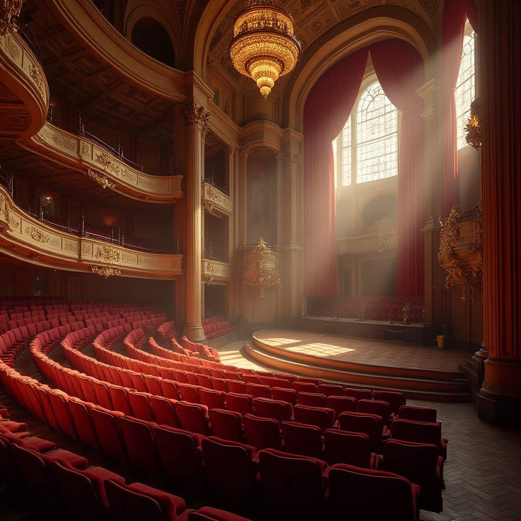 Prompt: Grand auditorium, high ceilings, ornate chandeliers, plush red seats, velvet curtains, wooden floorboards, majestic stage, sweeping balconies, dramatic spotlights, soft warm glow, afternoon sunlight, floor-to-ceiling windows, sheer drapes, subtle shadows, 1/2 composition, shallow depth of field, realistic textures.