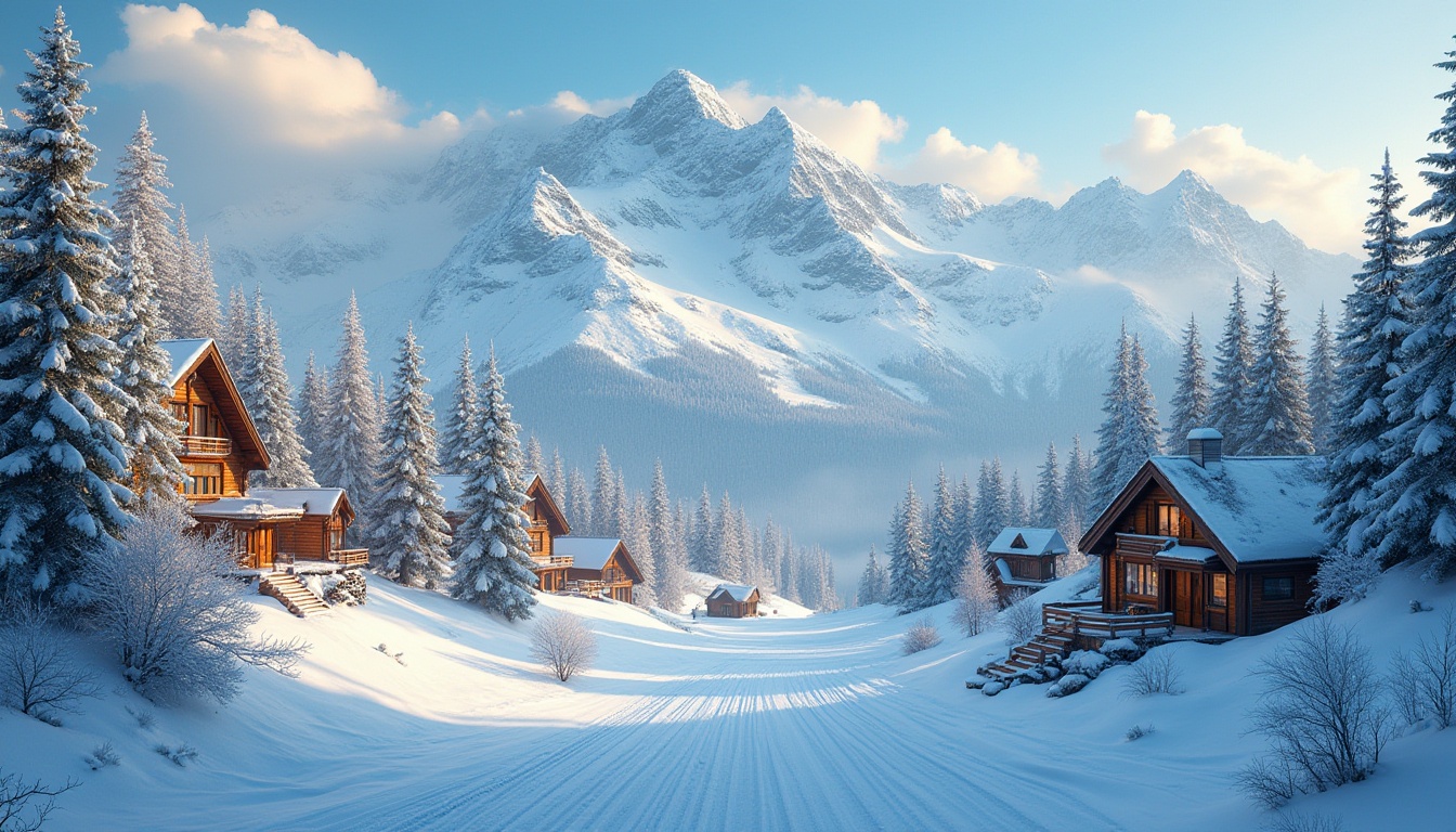 Prompt: Snow-capped mountains, icy blue skies, frosty pine trees, rustic wooden cabins, vintage ski equipment, warm fireplaces, cozy lodges, soft powder snow, frozen lakes, snowy forests, misty mornings, golden sunrises, vibrant orange safety vests, bold black outlines, earthy brown terrain, refreshing winter air, 3/4 composition, shallow depth of field, panoramic view, realistic textures, ambient occlusion.Please note that I've generated a prompt that includes the main subject (Ski Centers), its features (rustic wooden cabins, vintage ski equipment), environment (snow-capped mountains, icy blue skies), and visual elements (color palette, composition, lighting). Let me know if you need any adjustments!