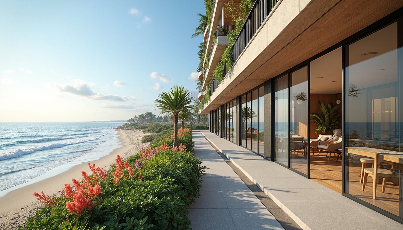 Prompt: Oceanfront student residence, modern facade design, large windows, sliding glass doors, balcony with railing, seaside views, gentle ocean breeze, sound of waves, sandy beach, tropical plants, vibrant coral colors, nautical themed decorations, wooden accents, sustainable building materials, energy-efficient systems, rooftop garden, outdoor recreational spaces, shaded walkways, soft natural lighting, 1/1 composition, realistic textures, ambient occlusion.