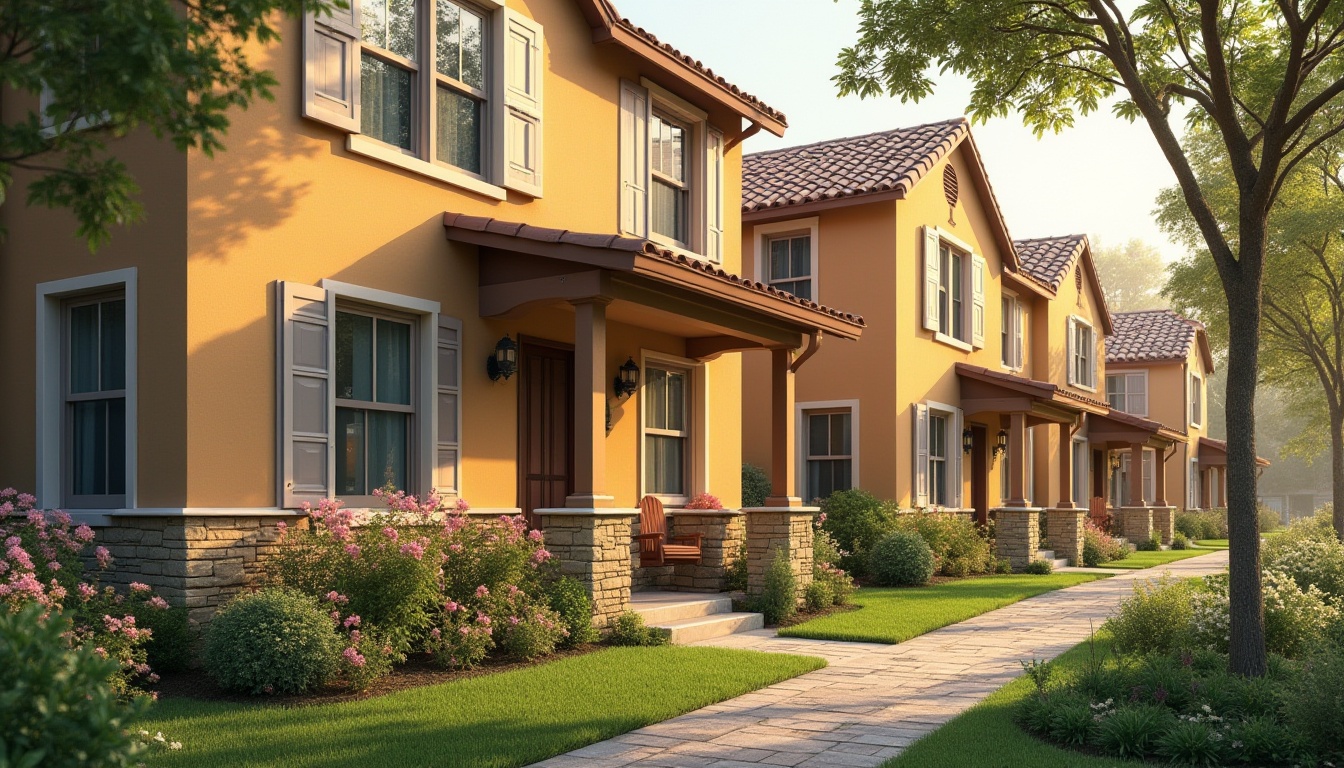 Prompt: Warm residential exterior, earthy tone stucco, soft pastel shutters, lush green lawns, blooming flower beds, natural stone walkways, cozy porch swings, inviting entranceways, warm golden lighting, shallow depth of field, 3/4 composition, realistic textures, ambient occlusion, serene neighborhood atmosphere.