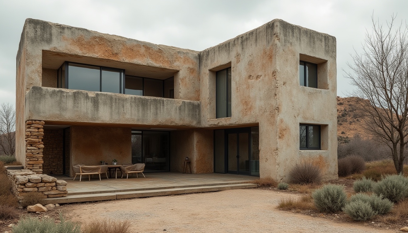 Prompt: Rustic modern building, plastered concrete walls, rough textured surfaces, earthy color palette, industrial chic aesthetic, urban landscape, cloudy overcast sky, soft warm lighting, shallow depth of field, 3/4 composition, realistic textures, ambient occlusion.