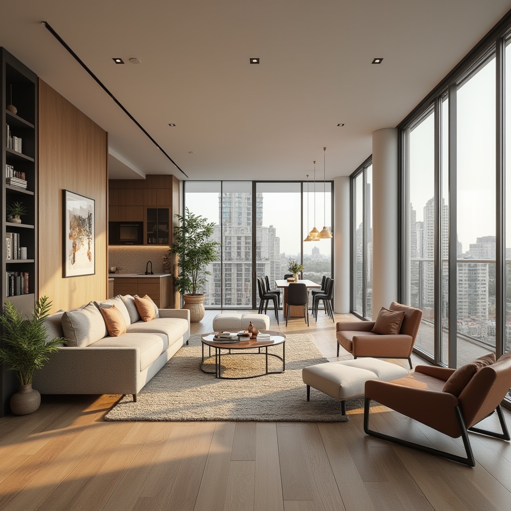 Prompt: Cozy living room, open-plan layout, functional zones, comfortable seating areas, minimalist decor, natural wood flooring, soft warm lighting, floor-to-ceiling windows, urban apartment building, modern architecture, sleek lines, neutral color palette, textured rugs, accent walls, floating shelves, spacious kitchen island, dining area, flow-through ventilation, abundant daylight, 1/1 composition, realistic rendering, subtle ambient occlusion.