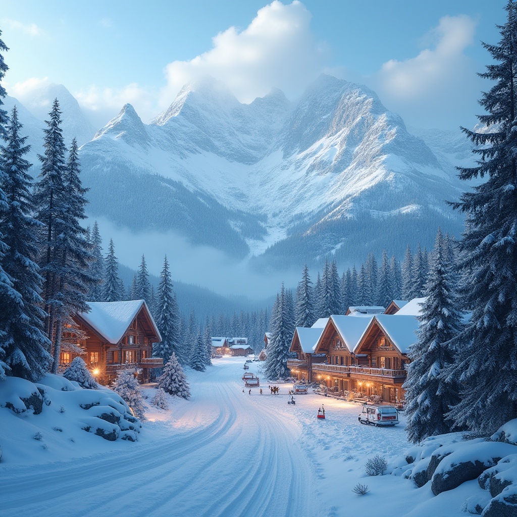 Prompt: Snow-capped mountains, frosty air, pine trees, rustic wooden lodges, warm fireplaces, cozy ski resorts, vibrant winter sports equipment, icy blue skies, snowy terrain, frozen lakes, powder snow, ski lifts, mountain peaks, warm lighting, atmospheric mist, 3/4 composition, shallow depth of field, cinematic mood, realistic textures, ambient occlusion.