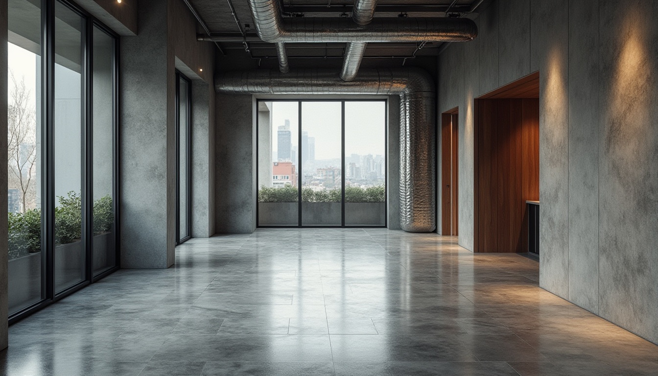 Prompt: Polished concrete floors, rough-hewn stone walls, transparent glass facades, reflective metal surfaces, tactile wooden accents, industrial-style exposed ductwork, minimalist aesthetic, sleek modern lines, urban cityscape backdrop, overcast skies, soft diffused lighting, 1/1 composition, shallow depth of field, realistic material textures, ambient occlusion.